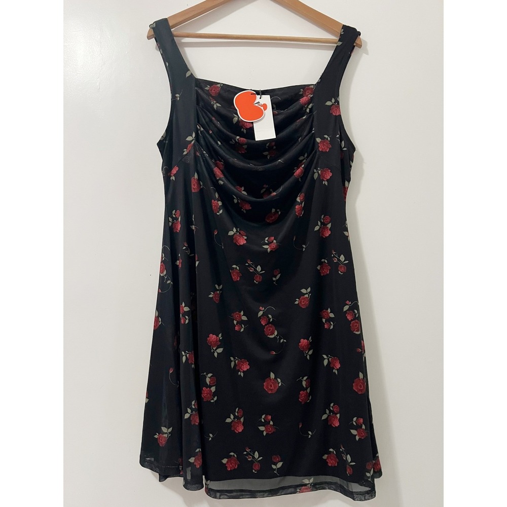 Cider Black Red Rose Floral Mesh Cowl Neck Mini Dress Plus Size XL NWT